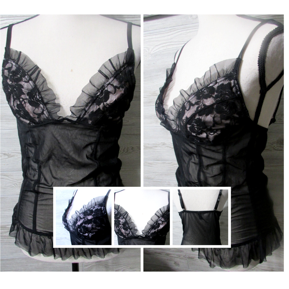 Y2K Cami L Sheer Black mesh over Pink satin Lace Coquette Fairygoth whimsigoth